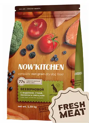 NOW’ Kitchen Grain Free сухой беззерновой корм для взрослых собак всех пород с индейкой, уткой, лососем и овощами (срок до 17.04.2026)