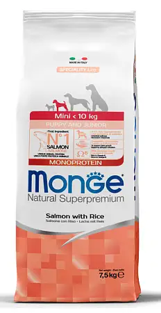 Купить monge dog speciality line monoprotein сухой корм для щенков мелких пород из лосося с рисом